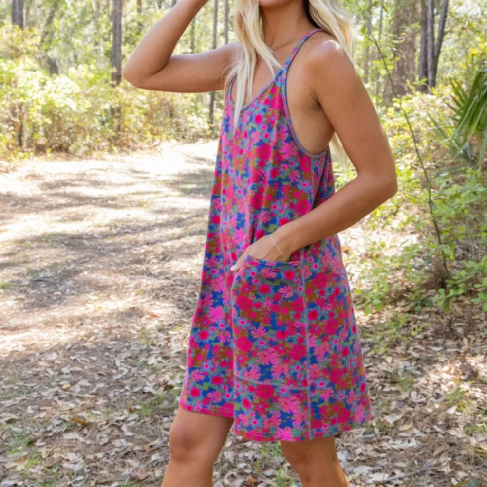 NATURAL LIFE Pink Floral Mini Dress with Blue Accents